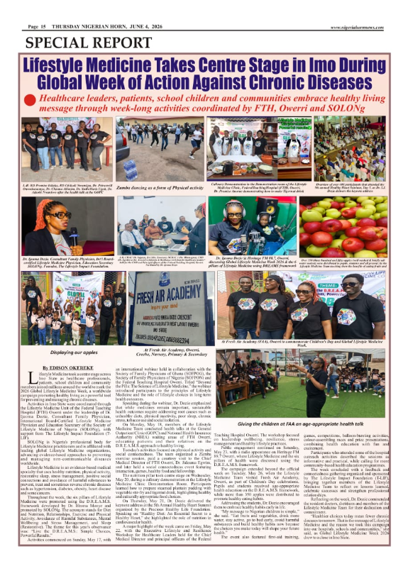 Nigerian Horn special report page on Global Lifestyle Medicine Week activities in Imo State.